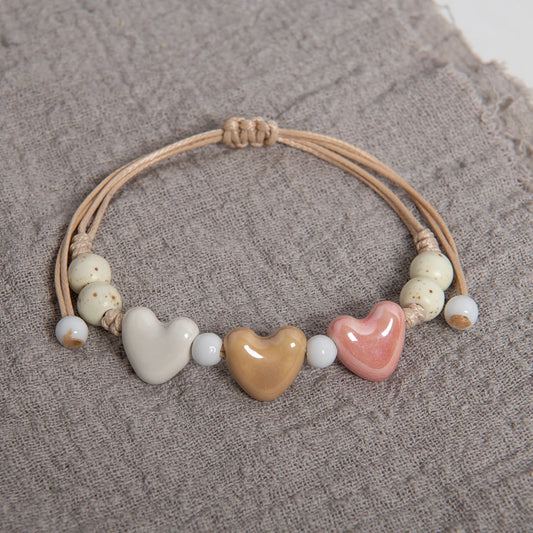 Handgefertigtes mehrfarbiges dreifaches Herz-Armband aus Keramik, verstellbare Wachsschnur, minimalistischer Boho-Stil für Paare und Freunde So ist Leben