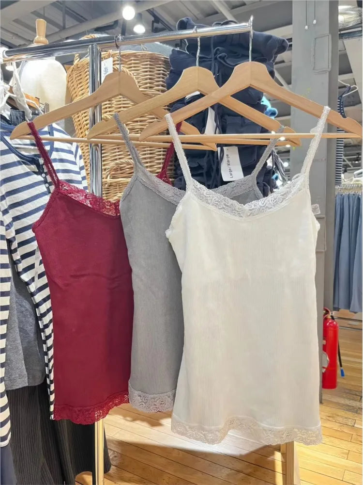 Geripptes Spitzenbesatz Slim Tank Top Damen Sommer Einfarbig Niedliches V-Ausschnitt Baumwoll-Camisole Weibliches Lässiges Einfaches Allround-Basic-Top Y2k Oberteile So ist Leben