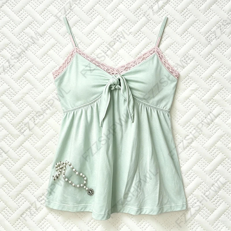 Y2K Japanisches Sommer-Damen-Camisole-Top, sexy, süß, schlank, modisch, lässig, Spitze, einfarbig, Crop-T-Shirt, Kawaii, süß, mädchenhaft, Streetwear So ist Leben