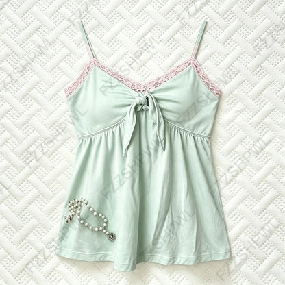 Y2K Japanisches Sommer-Damen-Camisole-Top, sexy, süß, schlank, modisch, lässig, Spitze, einfarbig, Crop-T-Shirt, Kawaii, süß, mädchenhaft, Streetwear So ist Leben