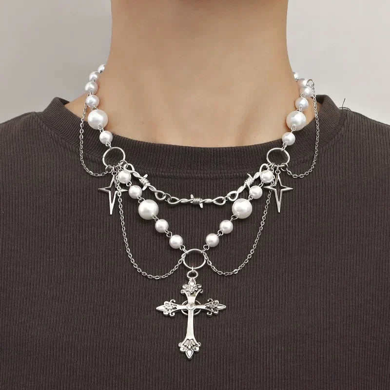 Gothic Cross Anhänger Halskette mit Kette Choker Charm handgemachte heilige Imitation Perle Perlen Halskette 2023 ästhetische Halsketten So ist Leben