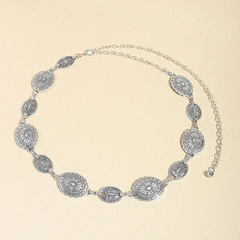 Damen-Taillenketten-Accessoires aus Metall im Retro-Stil. Dekorativer, kreisförmiger, geschnitzter Kettengürtel, Accessoires im hohen Stil So ist Leben