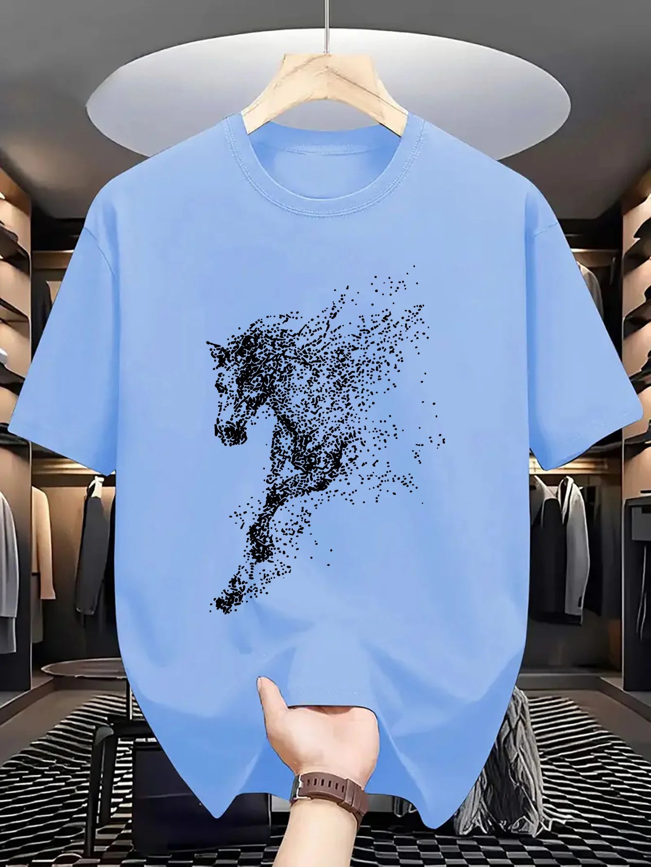 Abstrakter Partikel-Pferdesilhouetten-Druck auf hochwertigem, weichem Herren-T-Shirt aus 100 % Baumwolle, perfekt für Sommer-Streetwear und lässigen Stil So ist Leben
