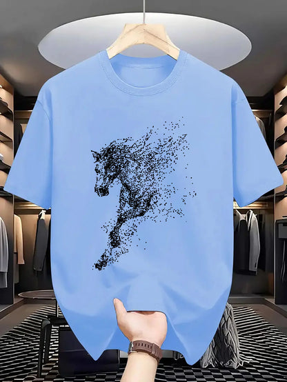 Abstrakter Partikel-Pferdesilhouetten-Druck auf hochwertigem, weichem Herren-T-Shirt aus 100 % Baumwolle, perfekt für Sommer-Streetwear und lässigen Stil So ist Leben
