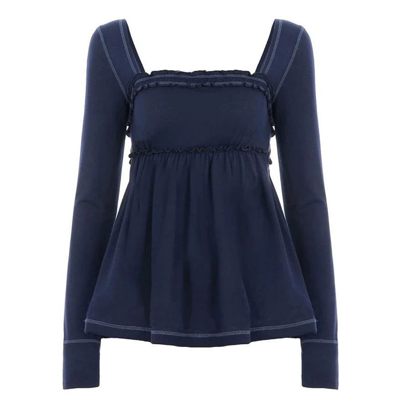 Cottage Fairy Y2k Front Tie-up Milkmaid Tops Damen Babydoll T-Shirt 90er Jahre Vintage Square Collar Langarm Schößchen Bluse T-Shirts So ist Leben