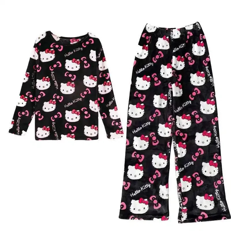 Anime Hello Kitty Plüsch-Pyjama-Anzug für Damen, Cartoon-Flanell, langärmelig, Homewear, Winter, Mädchen, warme Tops, Pannts, zweiteiliges Set - So ist Leben