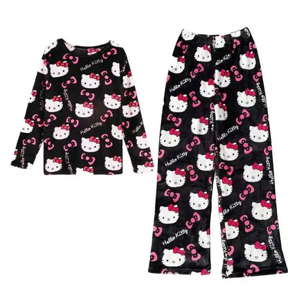 Anime Hello Kitty Plüsch-Pyjama-Anzug für Damen, Cartoon-Flanell, langärmelig, Homewear, Winter, Mädchen, warme Tops, Pannts, zweiteiliges Set - So ist Leben