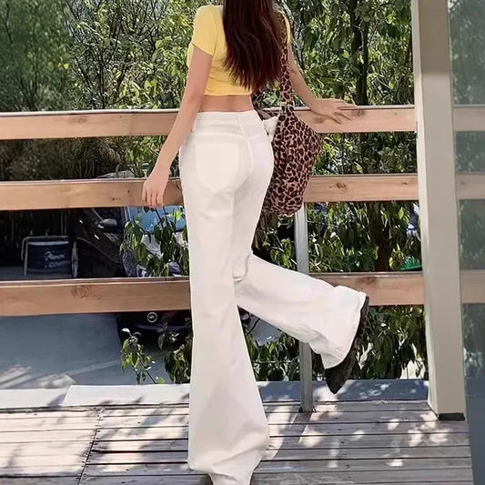 High-Waist Schlaghose für Damen, Frühling-Sommer Neuer Stil, Amerikanischer Retro-Look, Weiße Spicy Girl Micro Flared Jeans im Koreanischen Stil So ist Leben