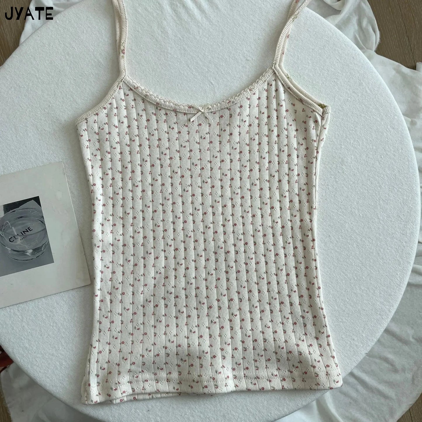 Süße Blumendruck Öse Schleife abgeschnittene Westen Frauen Baumwolle beiläufige dünne Spitzenbesatz Tank Tops Vintage Adrette süße Leibchen Y2K So ist Leben