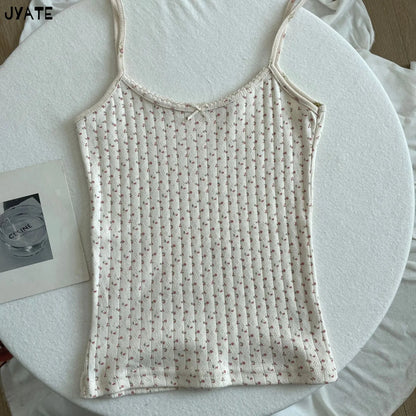 Süße Blumendruck Öse Schleife abgeschnittene Westen Frauen Baumwolle beiläufige dünne Spitzenbesatz Tank Tops Vintage Adrette süße Leibchen Y2K So ist Leben