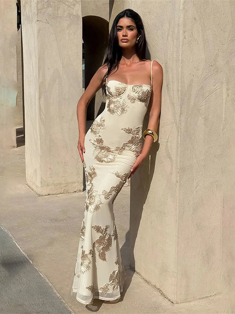 Nibber Elegante Blume Stickerei Maxi Kleid Frauen Low-Neck Kreuz Bandage Backless Sommer Straße Trend Dünne Urlaub Vestidos So ist Leben