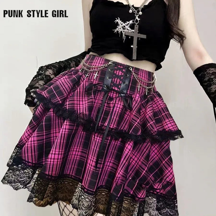 Plaid Print Subkulturen Punk Rock Y2k Mini Rock Hohe Taille Rüschen Kuchen Spitze Up Harajuku Gothic 2000er Jahre Ballkleid röcke für Frauen So ist Leben