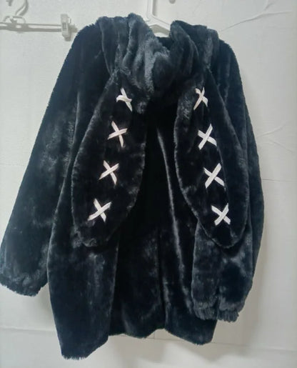 2025, Winterkleidung, Damenjacken, Harajuku, Hasenohren, Punk, schwarze Mäntel, dicker pelziger Reißverschluss, übergroße Y2k-Tops, Ropa Mujer So ist Leben