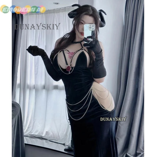 Anime Overlord Albedo Cosplay Kostüme Handschuh Kleid Eingewickelt Hüfte Offener Schritt Fischschwanz Rock Schwarz Meerjungfrau Halloween Laute So ist Leben