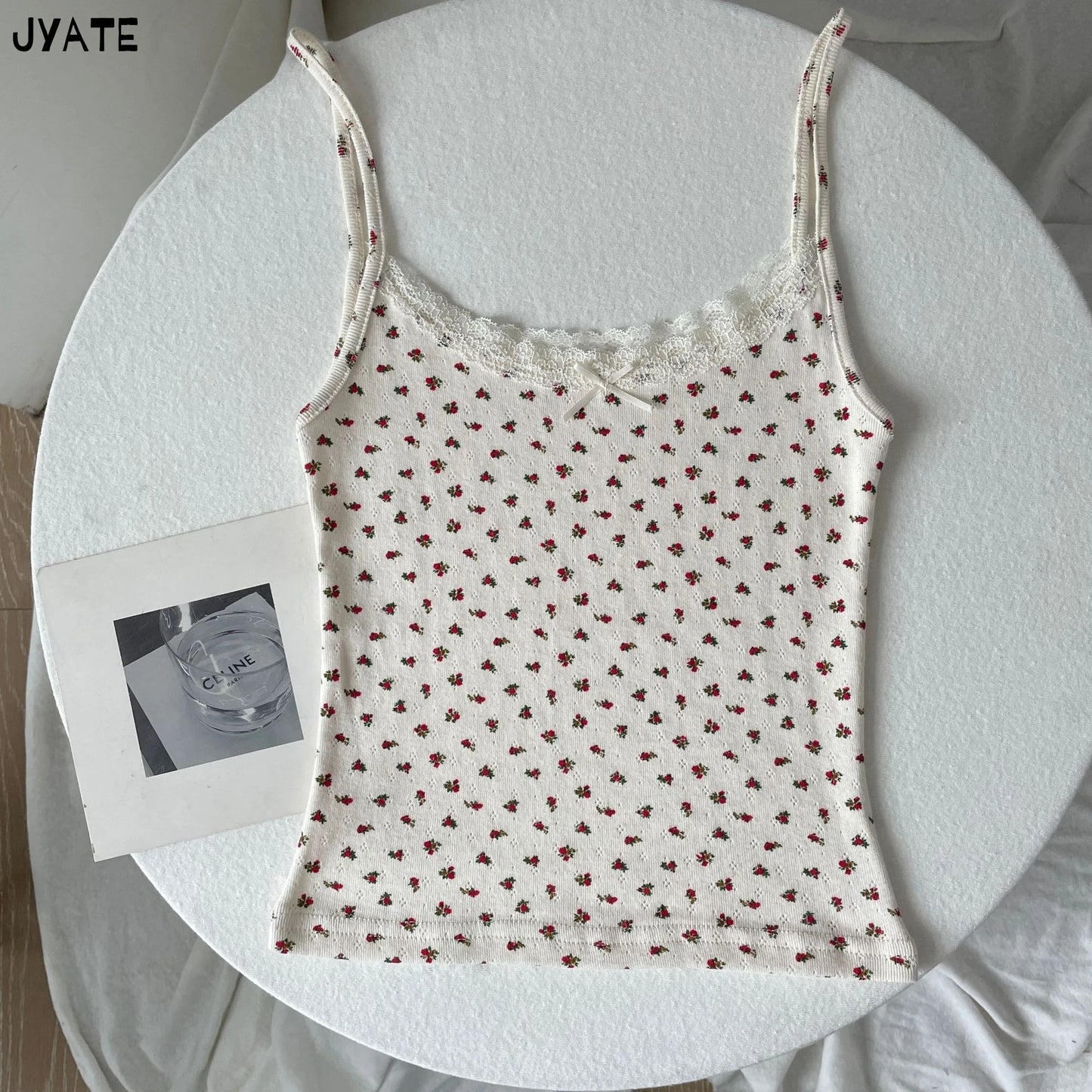 Süße Blumendruck Öse Schleife abgeschnittene Westen Frauen Baumwolle beiläufige dünne Spitzenbesatz Tank Tops Vintage Adrette süße Leibchen Y2K So ist Leben