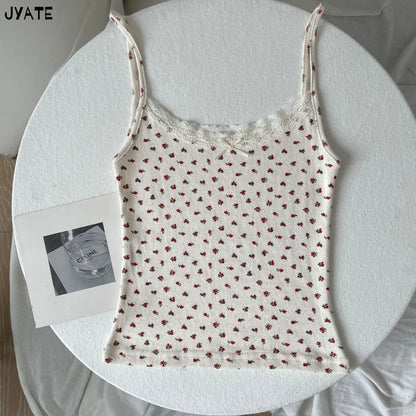Süße Blumendruck Öse Schleife abgeschnittene Westen Frauen Baumwolle beiläufige dünne Spitzenbesatz Tank Tops Vintage Adrette süße Leibchen Y2K So ist Leben