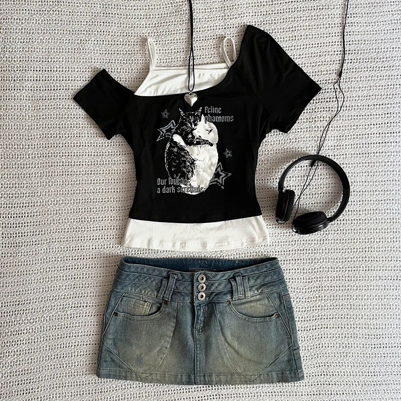 Asthetische Goth Fledermaus Brief Y2K Stil zweitelige T-Shirt Kurzarm Weste Harajuku Streetwear Hosenträger Frauen Kleidung Shirt So ist Leben