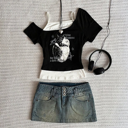 Asthetische Goth Fledermaus Brief Y2K Stil zweitelige T-Shirt Kurzarm Weste Harajuku Streetwear Hosenträger Frauen Kleidung Shirt So ist Leben
