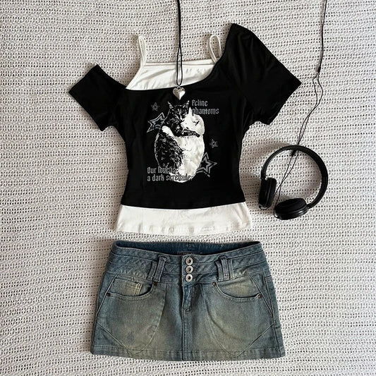 Asthetische Goth Fledermaus Brief Y2K Stil zweitelige T-Shirt Kurzarm Weste Harajuku Streetwear Hosenträger Frauen Kleidung Shirt So ist Leben