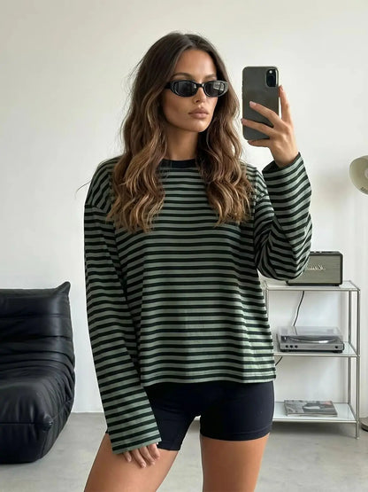 Frauen Langarm Shirts Rundhals Lose Sweatshirts Damen Herbst Casual Gestreiften Top Streetwear So ist Leben