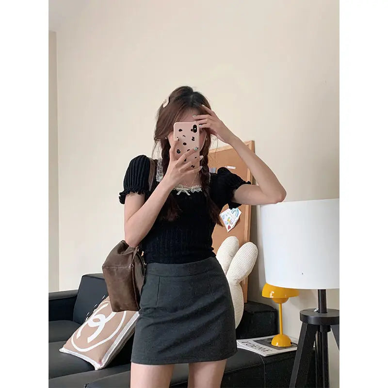 Adrette Art Sommer quadratischen Kragen Alters reduzierung Spitze Kurzarm Damen T-Shirt süße schlanke gestrickte bequeme dünne schicke Tops So ist Leben