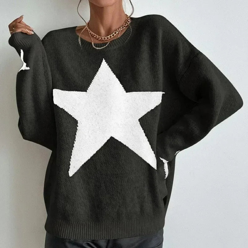 Stern Pullover Pullover Frauen Herbst Frühling Einfache Strick Elastische Pullover Jumper Casual Dicke Warme Schwarz Weiß Grundlegendes Jumper So ist Leben
