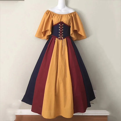 Damen Patchwork Mittelalter Renaissance Kleid Halloween Gothic schulterfreies Retro Langes Kleid So ist Leben