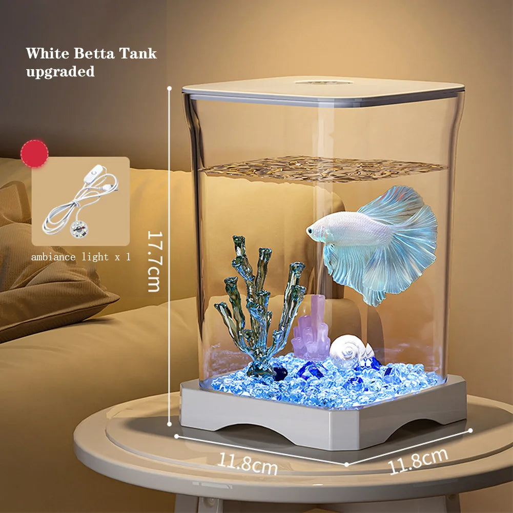 Aquarium Starter Kit Mini Desktop Rechteckiges Aquarium mit oberes Futterloch mit unten Licht Tischdekoration für Betta So ist Leben