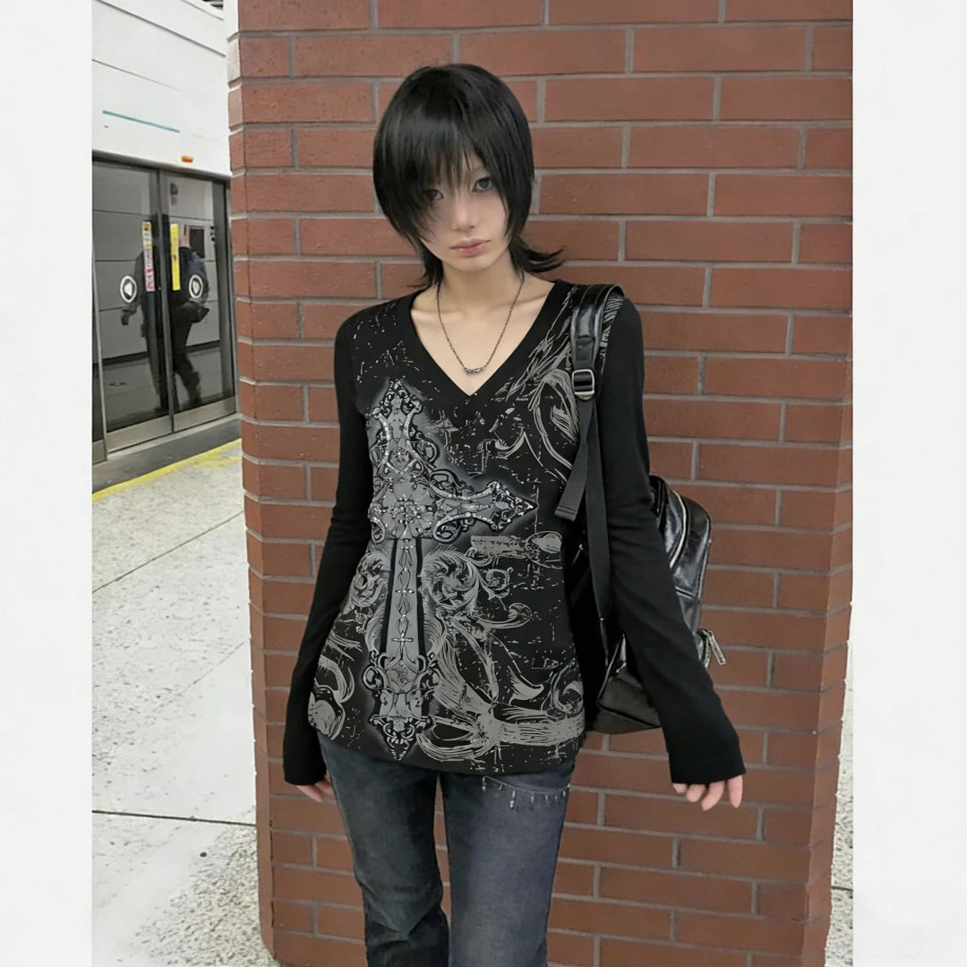 Amerikanischen Vintage Print T-shirt Frauen Ästhetischen Punk Design Langarm Gothic Y2k Tops Subkultur Casual Retro Harajuku Tees So ist Leben