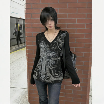 Amerikanischen Vintage Print T-shirt Frauen Ästhetischen Punk Design Langarm Gothic Y2k Tops Subkultur Casual Retro Harajuku Tees So ist Leben