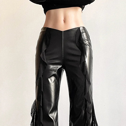 Goth Dark Streetwear Faux Pu Patchwork Mesh Hose mit hoher Taille Mall Gothic Zip Frauen Casual Flare Hosen Punk-Stil Alt Bottoms So ist Leben