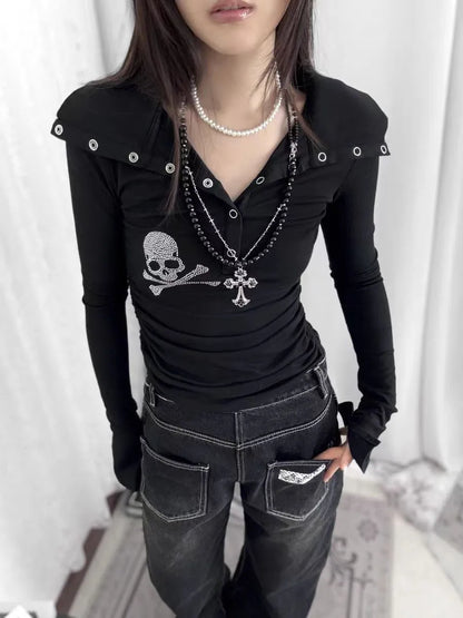 Streetwear Kleidung Hot Shoujo Girl Y2k T-Shirts Lange Ärmel Goth Grunge Skull Strass 2000er Jahre Gyaru Tees Top Damen Slim Blusen So ist Leben