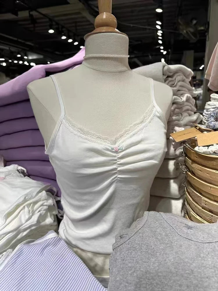 Weißes, ärmelloses Tanktop mit Spitzenbesatz für Damen, lässig, weiche Baumwolle, V-Ausschnitt, schmal geschnittene Westen, Vintage, süß, süß, Preppy-Stil, Camis So ist Leben