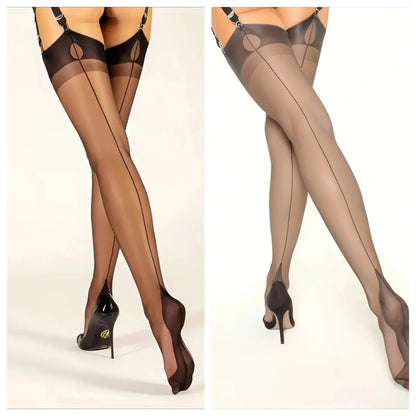 Luxuriöse, 80 % Oberschenkelstrümpfe aus Polyamid für Damen, 8 Denier, einfarbig, Strickstoff, Rückennaht, elegant und sexy So ist Leben