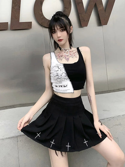 Punk Stil Patchwork Tank Tops Ästhetischen Brief Und Grafik Druck Frauen Crop Top Farbe Blockieren Ärmellose Streetwear So ist Leben