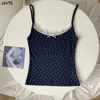 Süße Blumendruck Öse Schleife abgeschnittene Westen Frauen Baumwolle beiläufige dünne Spitzenbesatz Tank Tops Vintage Adrette süße Leibchen Y2K So ist Leben