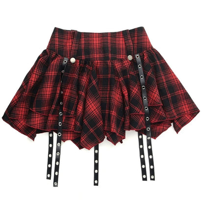 Damen Gothic-Minirock mit Ösen, Bandagen, Karomuster, gestuft, plissiert, A-Linie So ist Leben