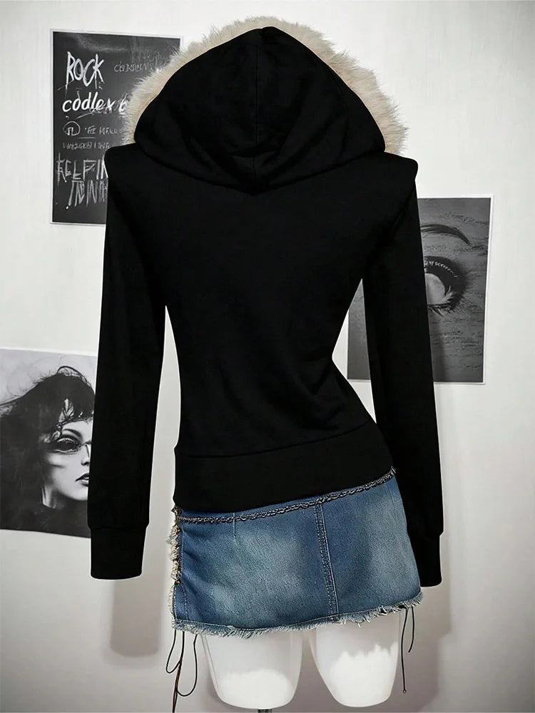 Y2K Harajuku Gothic frauen Hoodie Sexy Schlank Chic Wildleder Pelz Kragen Brief Drucken Strickjacke Sweatshirt Weibliche Streetwear So ist Leben