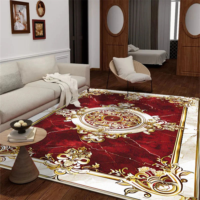 Wohnzimmer mit großem Teppich im roten Design im europäischen Stil - So ist Leben