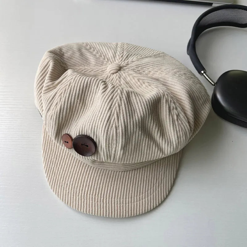 RICYGVM Retro Knopf Cord Achteckige Kappe Für Frauen Maler Künstler Hut Japanische Mädchen Braun Schirmmützen Herbst Winter Berets So ist Leben