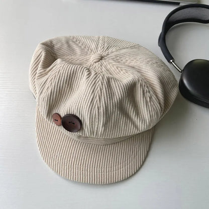 RICYGVM Retro Knopf Cord Achteckige Kappe Für Frauen Maler Künstler Hut Japanische Mädchen Braun Schirmmützen Herbst Winter Berets So ist Leben