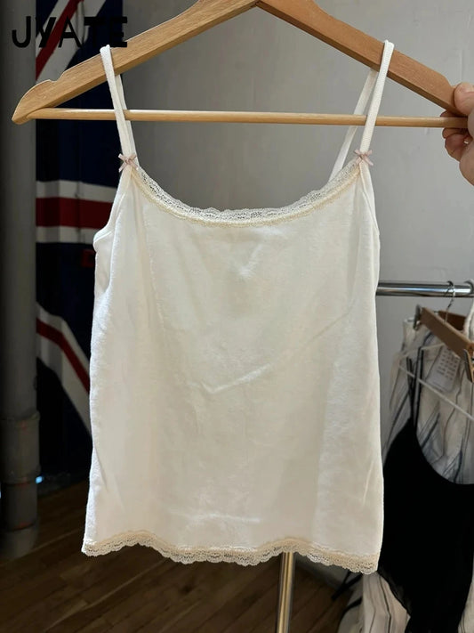 Spitzen-Patchwork Slim Tanktops für Damen, Sommerliche Einfarbige Weiche Baumwoll-Ärmellose Westen, Vintage Chic Süße Y2K Camisole So ist Leben