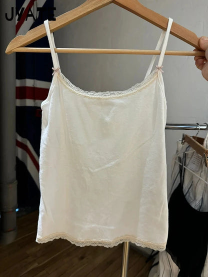 Süße Spitze Patchwork Schlank Tank Tops Frauen Sommer Weiß Sexy Einfache Baumwolle Weiche Ärmellose Westen Weibliche Vintage Chic Y2K Leibchen So ist Leben