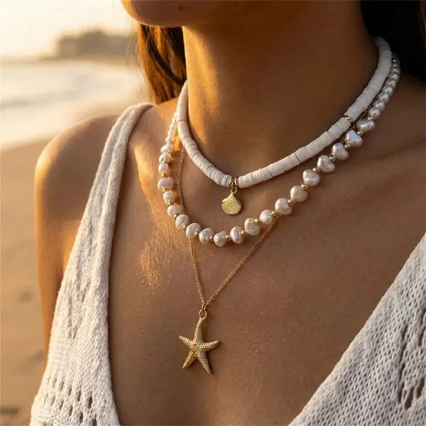 Böhmische Vintage Muschel Seestern Schildkröte Mehrschichtige Halskette für Frauen Ethnische Handgemachte Blaue Perlenketten Sommer Strand Schmuck So ist Leben