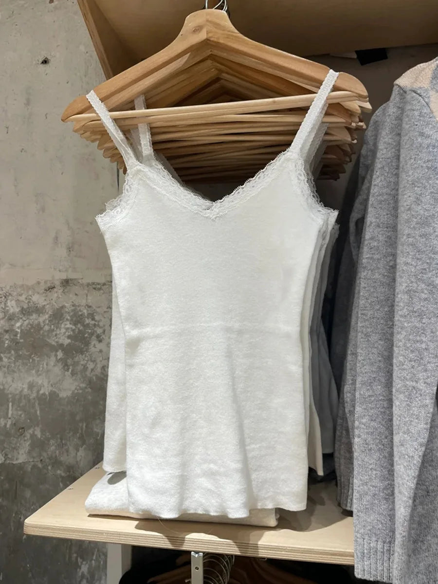 Weißes, ärmelloses Tanktop mit Spitzenbesatz für Damen, lässig, weiche Baumwolle, V-Ausschnitt, schmal geschnittene Westen, Vintage, süß, süß, Preppy-Stil, Camis So ist Leben