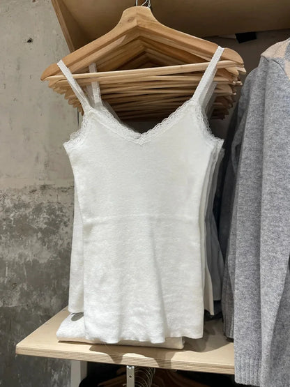 Weißes, ärmelloses Tanktop mit Spitzenbesatz für Damen, lässig, weiche Baumwolle, V-Ausschnitt, schmal geschnittene Westen, Vintage, süß, süß, Preppy-Stil, Camis So ist Leben