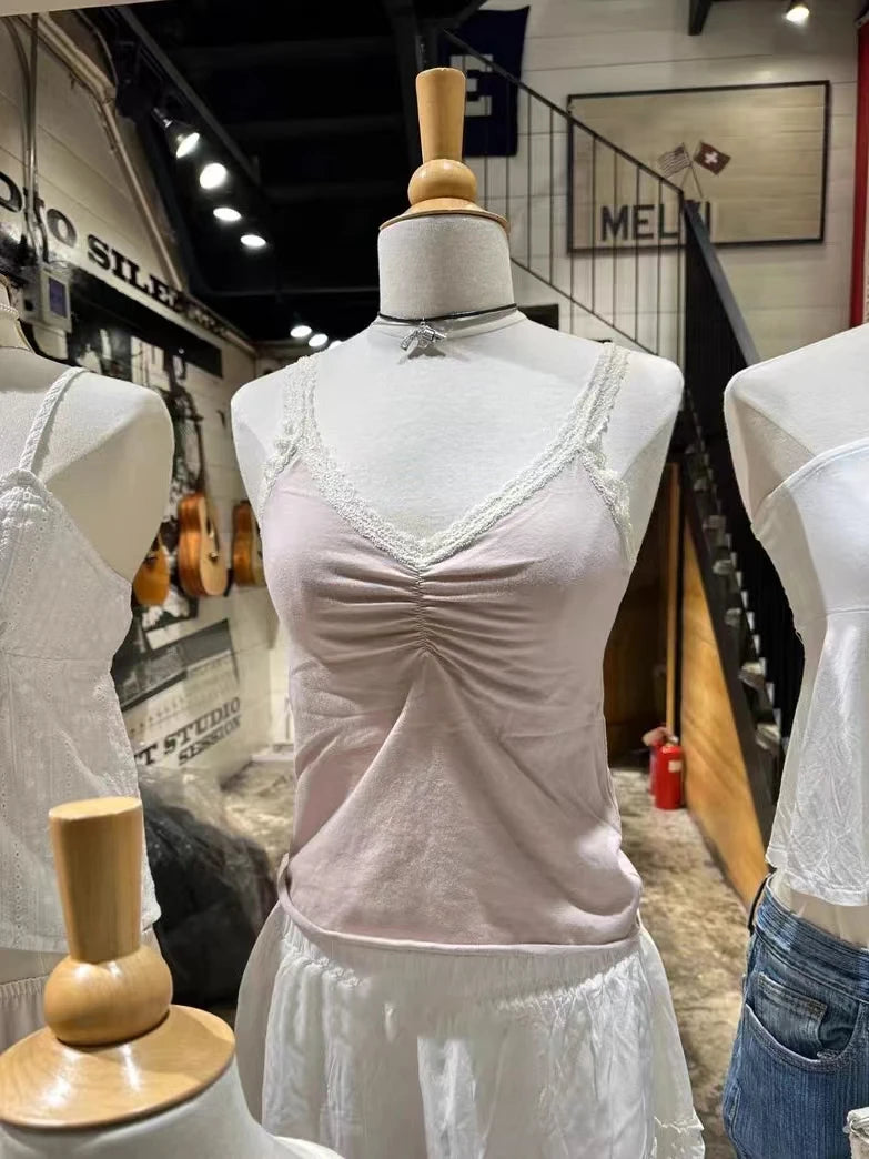 Weißes, ärmelloses Tanktop mit Spitzenbesatz für Damen, lässig, weiche Baumwolle, V-Ausschnitt, schmal geschnittene Westen, Vintage, süß, süß, Preppy-Stil, Camis So ist Leben