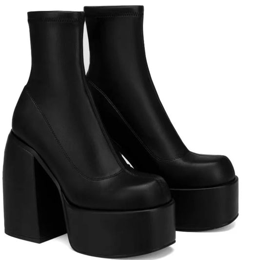Damen Stiefeletten Mode Plateauschuhe Blockabsätze Damenstiefel Einfarbige Damen Pumps Sexy Lederstiefel Karree Botas So ist Leben