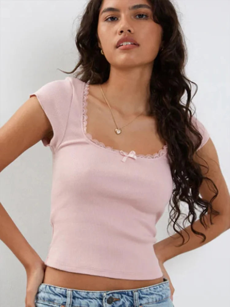 Y2k Vintage Baby T-Shirt Cottage Spitzenbesatz Gestricktes T-Shirt Sommer Square Neck Kurzarm T-Shirt Damen Weiß Milkmaid Crop Top So ist Leben
