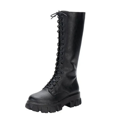 Damen-Stiefel mit mittlerer Wade, gepolsterte Schuhe, kniehohe Winter-Sneaker, Punk-Stil, Militär, lässig, Weiß, Schwarz, 2024, luxuriöse Plattform für Damen So ist Leben